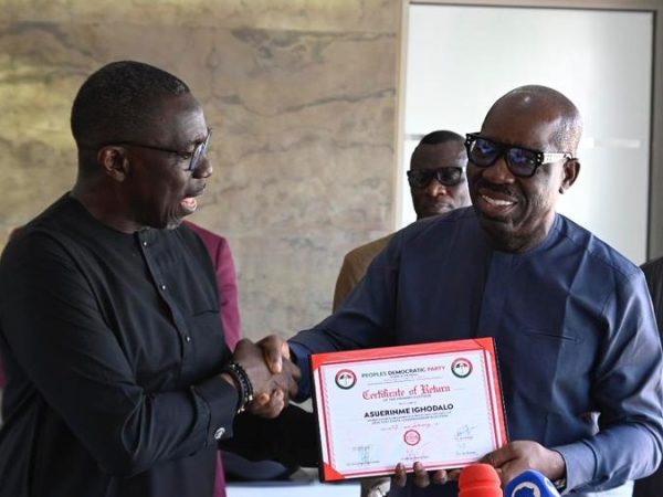 Edo 2024: Ighodalo Presents His Certificate of Return to Obaseki