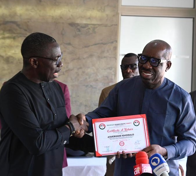 Edo 2024: Ighodalo Presents His Certificate of Return to Obaseki