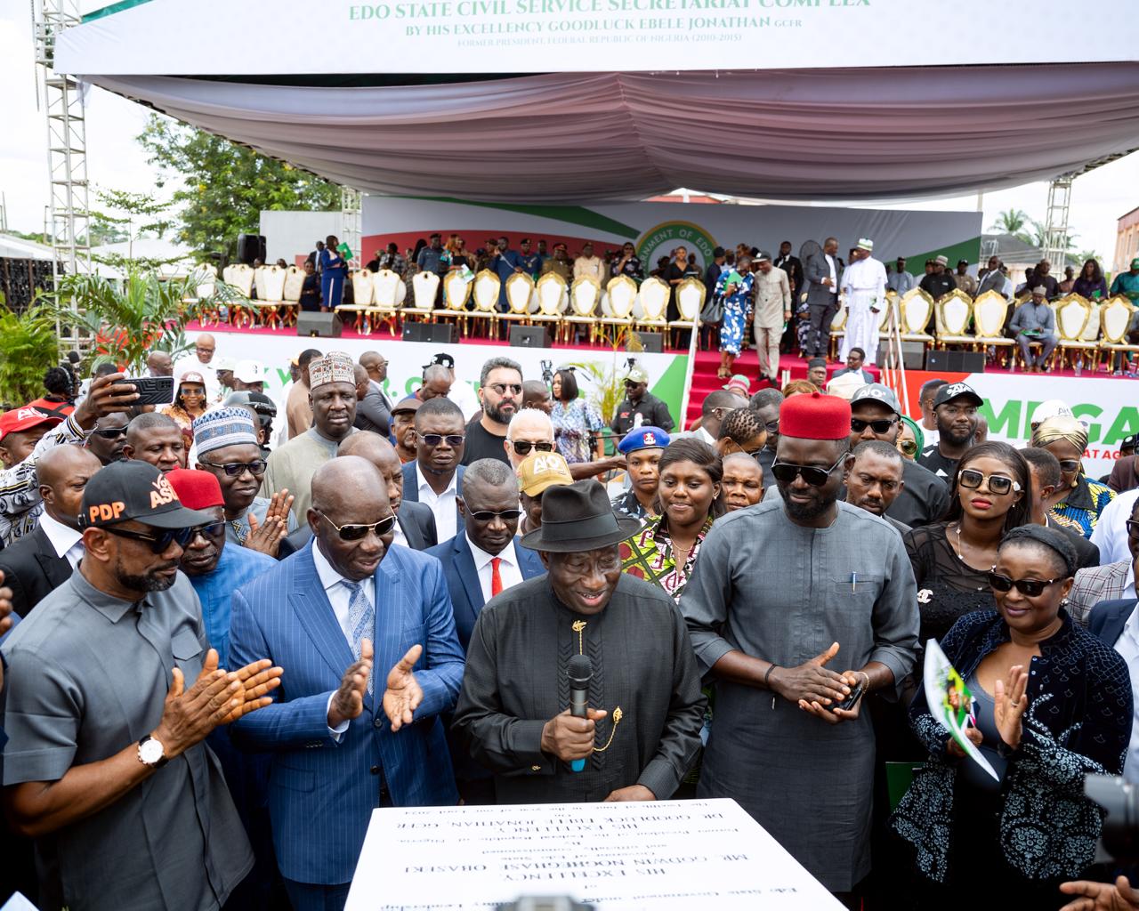 Ex-President Jonathan Lauds Obaseki’s Reforms, Commissions Edo State Secretariat Complex