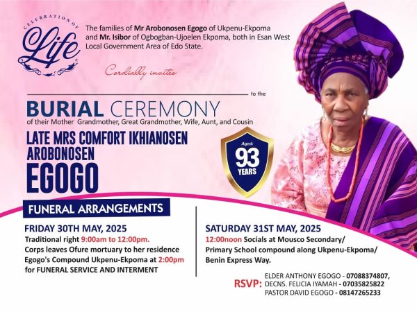 Comfort Ikhianosen Arobonosen Egogo of Ukpenu-Ekpoma for Burial, May 30