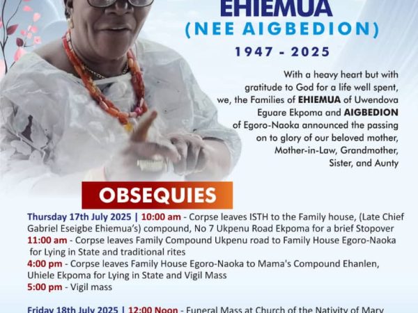 Patricia Ahenanumen Ehiemua for Burial, 18 July at Ekpoma