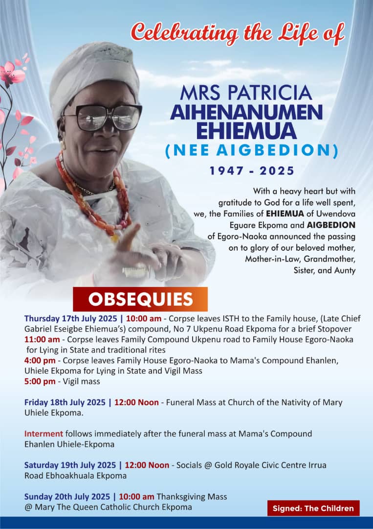 Patricia Ahenanumen Ehiemua for Burial, 18 July at Ekpoma